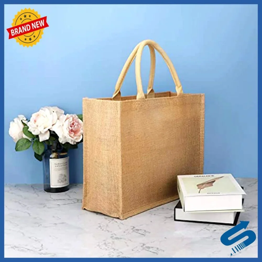 Large Natural Burlap Jute Canvas Tote Bags 3 Pack Reusable Eco-Friendly
